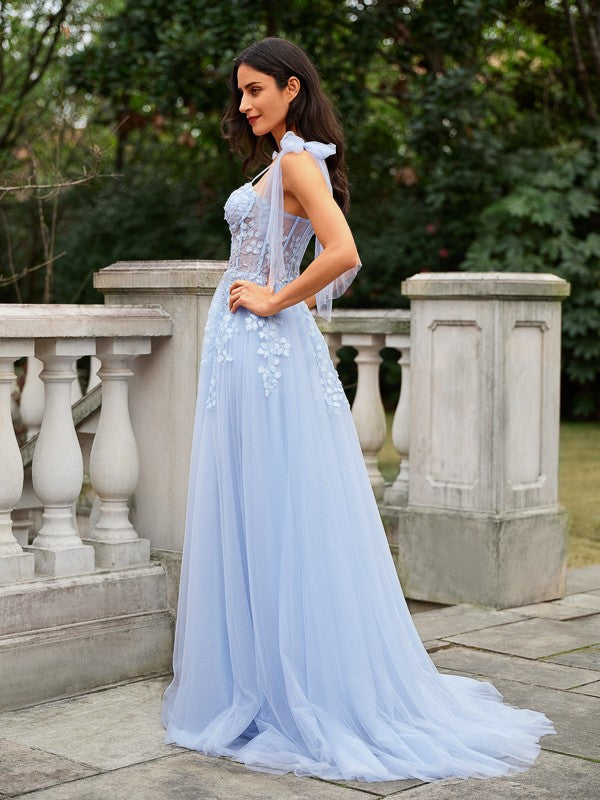 Tulle Applique Straps Sleeveless Sweep/Brush Train Dresses