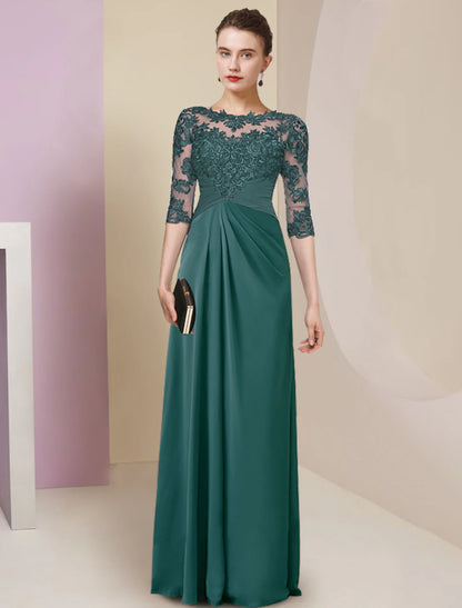 Sheath / Column Mother of the Bride Dress Elegant Simple Jewel Neck Floor Length Chiffon Lace Half Sleeve