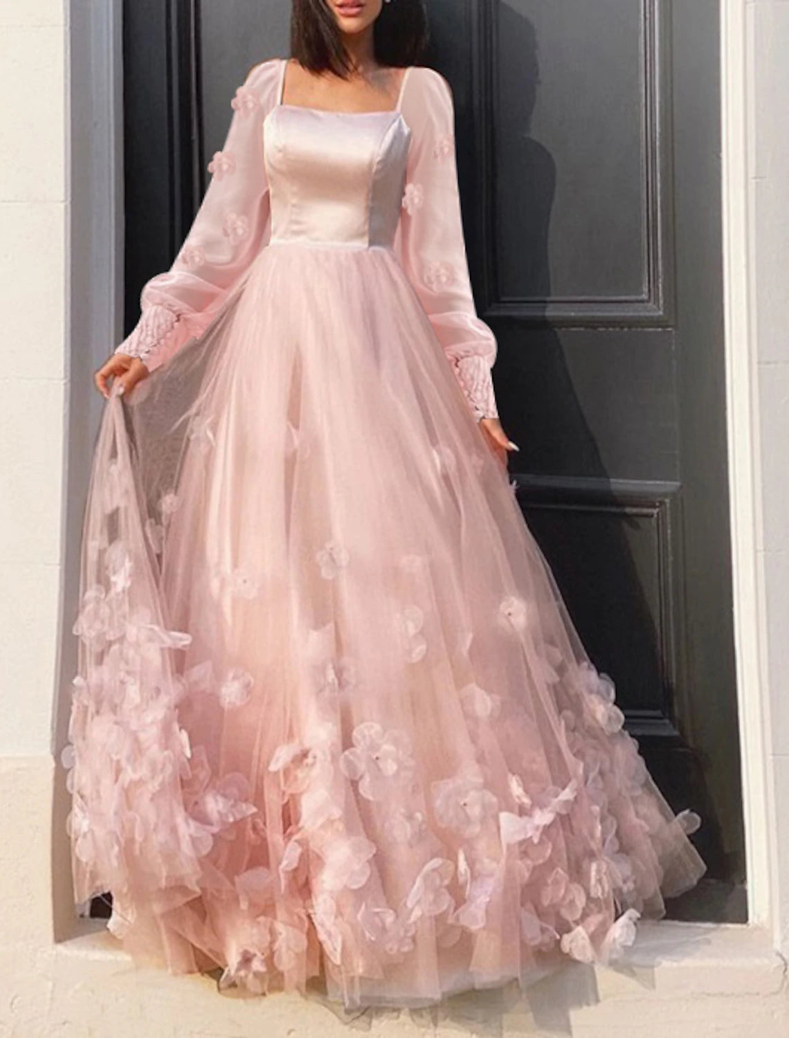 A-Line Evening Dresses Maxi Dress Wedding Guest Sweet 16 Floor Length Long Sleeve Scoop Neck Tulle