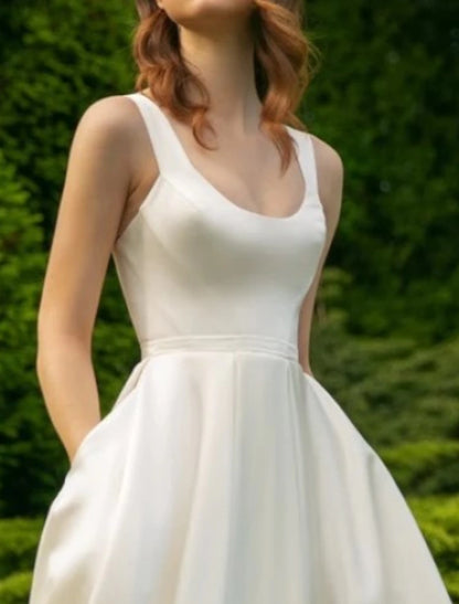 Hall Little White Dresses Wedding Dresses A-Line Scoop Neck Sleeveless Tea Length Satin Bridal Gowns