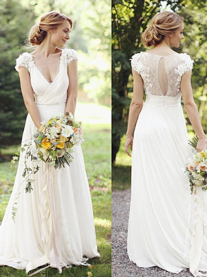 Chiffon Ruched V-neck Short Sleeves Sweep/Brush Train Wedding Dresses