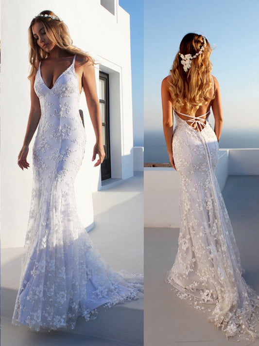 Spaghetti Straps Sleeveless Lace Court Train Wedding Dresses