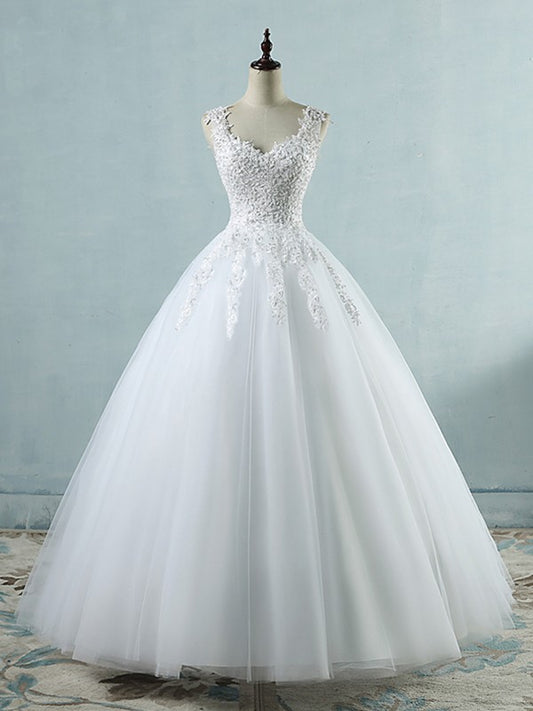 Sleeveless Sweetheart Floor-Length Applique Tulle Wedding Dresses