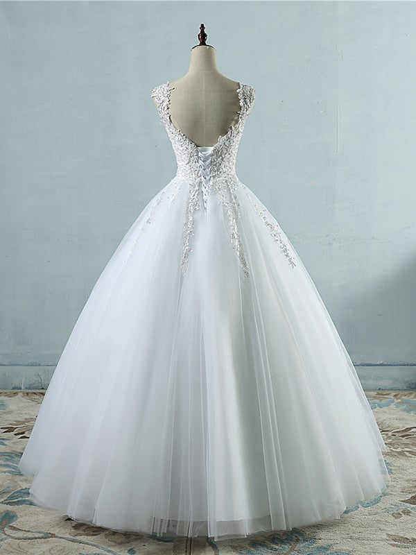 Sleeveless Sweetheart Floor-Length Applique Tulle Wedding Dresses