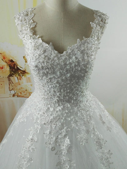 Sleeveless Sweetheart Floor-Length Applique Tulle Wedding Dresses