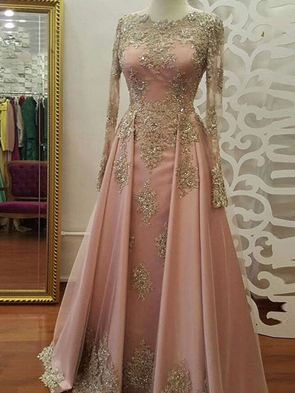 Long Sleeves Scoop Floor-Length Applique Tulle Muslim Dresses