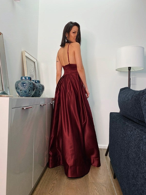 Ruffles V-neck Satin Floor-Length Sleeveless Dresses