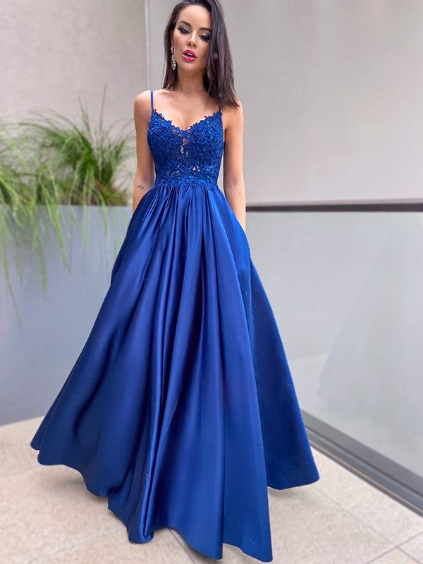 Applique Spaghetti Straps Satin Sleeveless Floor-Length Dresses