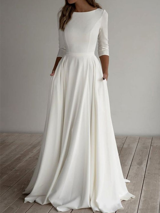 Stretch Crepe Ruffles Scoop 3/4 Sleeves Floor-Length Wedding Dresses