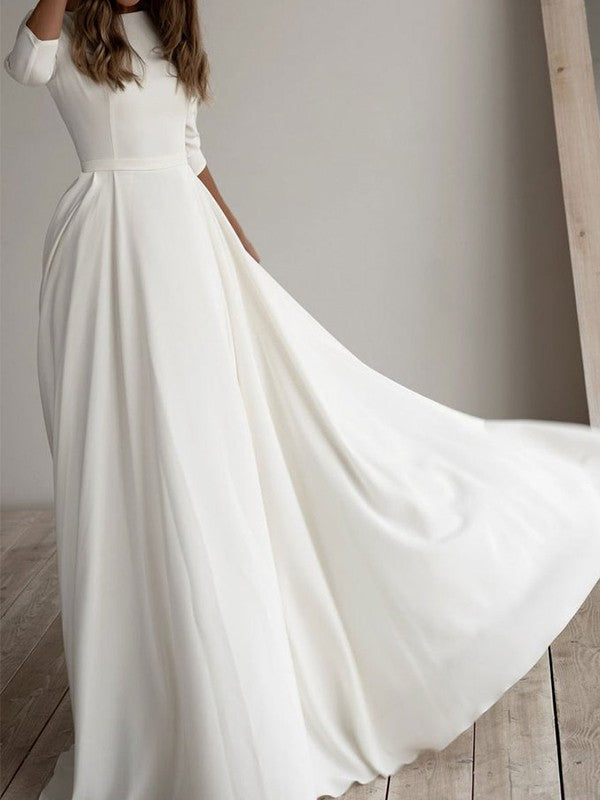 Stretch Crepe Ruffles Scoop 3/4 Sleeves Floor-Length Wedding Dresses