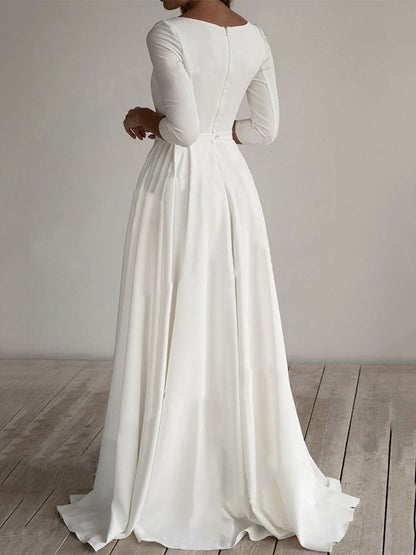 Stretch Crepe Ruffles Scoop 3/4 Sleeves Floor-Length Wedding Dresses