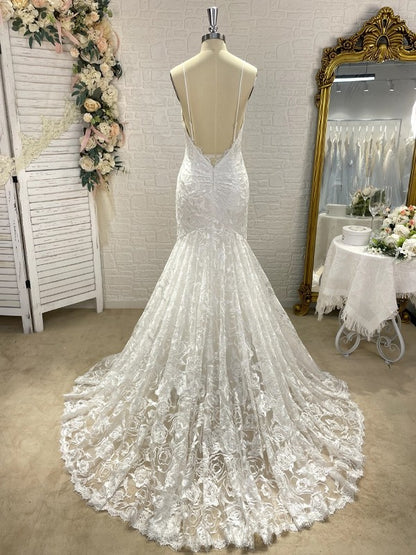 V-neck Sleeveless Lace Applique Sweep/Brush Train Wedding Dresses