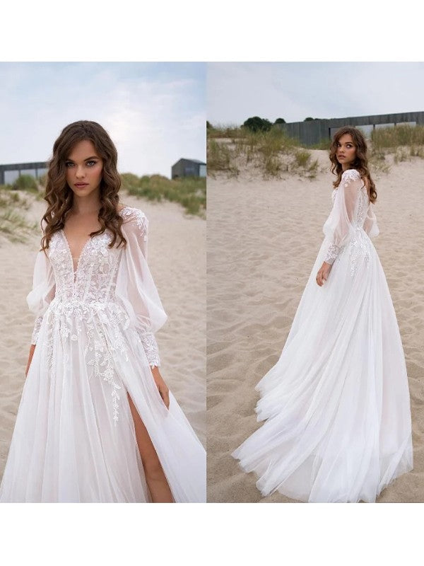 Lace Applique V-neck Long Sleeves Sweep/Brush Train Wedding Dresses