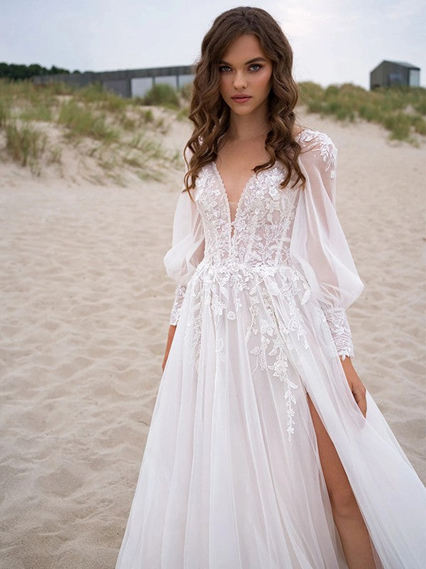 Lace Applique V-neck Long Sleeves Sweep/Brush Train Wedding Dresses