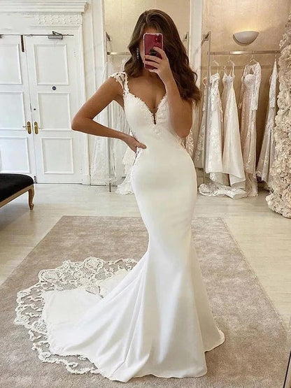 Stretch Crepe Lace V-neck Sleeveless Sweep/Brush Train Wedding Dresses