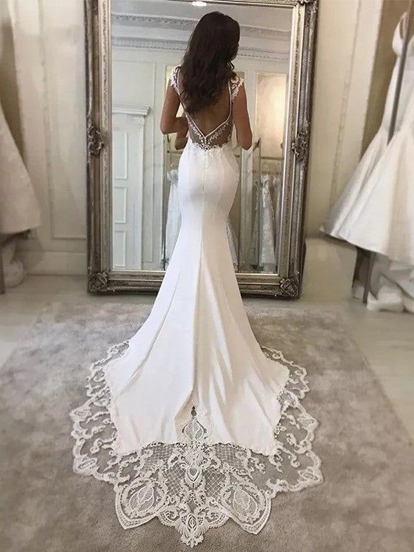 Stretch Crepe Lace V-neck Sleeveless Sweep/Brush Train Wedding Dresses