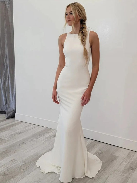 Stretch Crepe Bateau Sleeveless Sweep/Brush Train Wedding Dresses