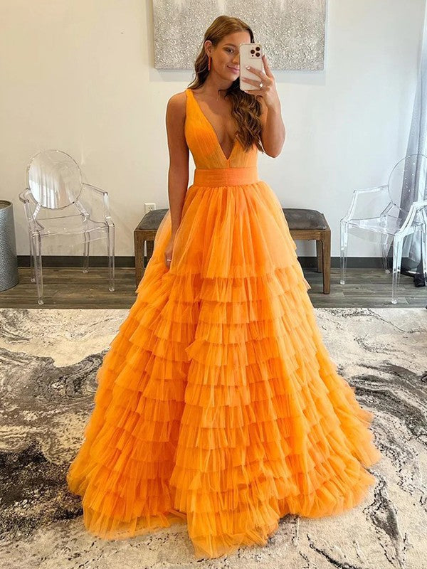 Tulle Ruffles V-neck Sleeveless Floor-Length Dresses