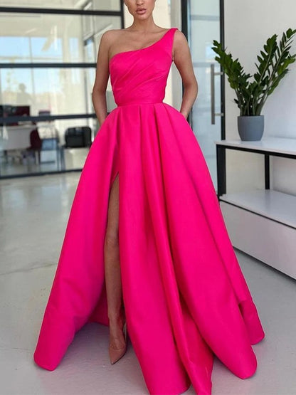 Satin Ruched One-Shoulder Sleeveless Floor-Length Dresses