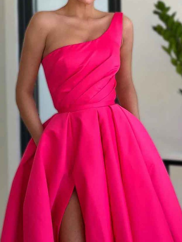 Satin Ruched One-Shoulder Sleeveless Floor-Length Dresses