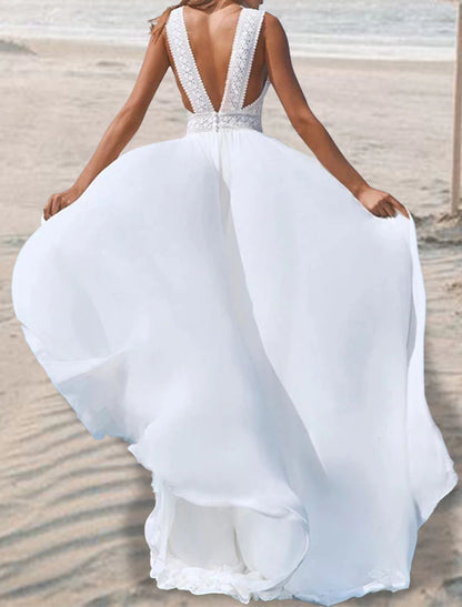 Beach Open Back Boho Wedding Dresses A-Line V Neck Sleeveless Floor Length Chiffon Bridal Gowns