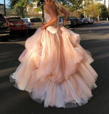 Weitese Charming A Line Strapless Pink Long Prom Dress with Ruffles