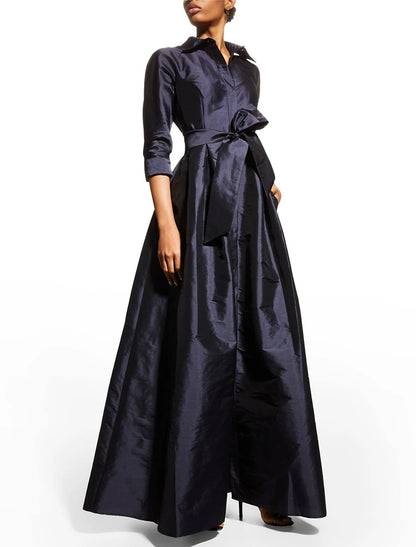 A-Line Evening Gown Elegant Dress Wedding Guest Floor Length 3/4 Length Sleeve Shirt Collar Pocket Taffeta