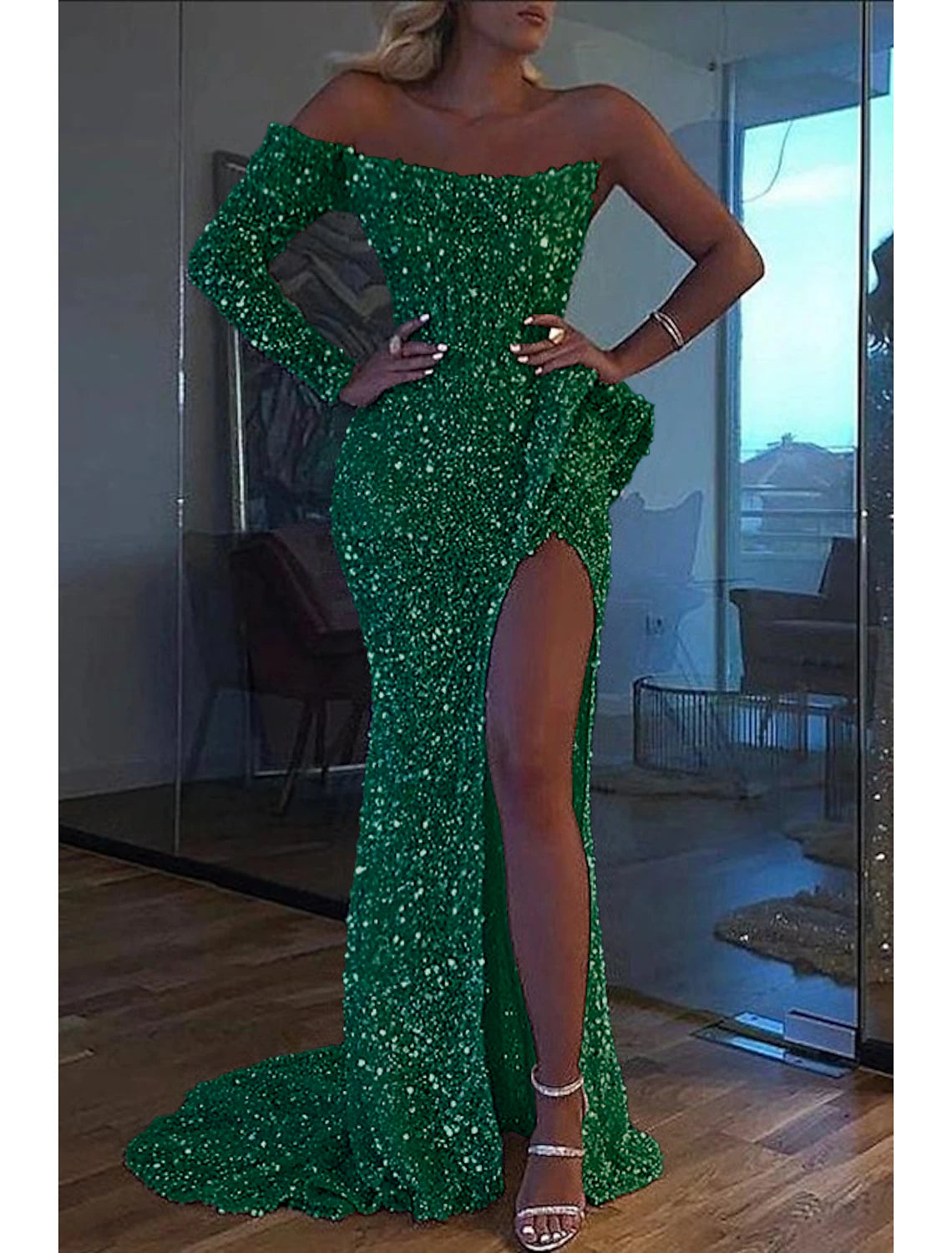 Mermaid Dress Evening Gown Red Green Dress Formal Wedding Court Train Long Sleeve One Shoulder Sequined