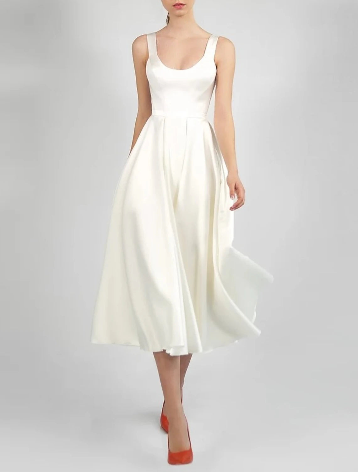 Hall Little White Dresses Wedding Dresses A-Line Scoop Neck Sleeveless Tea Length Satin Bridal Gowns