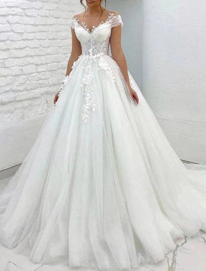 Formal Wedding Dresses Ball Gown V Neck Cap Sleeve Chapel Train Lace Bridal Gowns