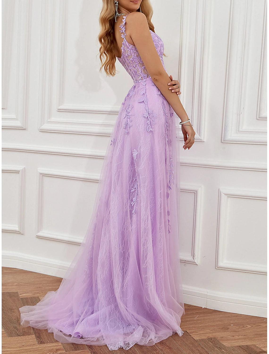 A-Line Evening Party Dress See Through Dress Formal Prom Sweep / Brush Train Sleeveless Sweetheart Tulle Backless