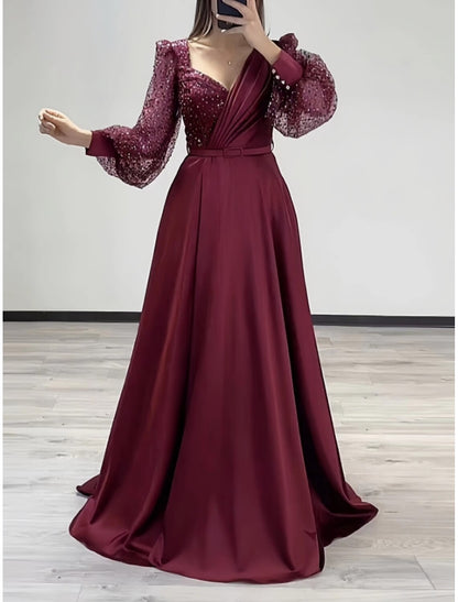 A-Line Evening Gown Elegant Dress Formal Fall Sweep / Brush Train Long Sleeve V Neck Satin