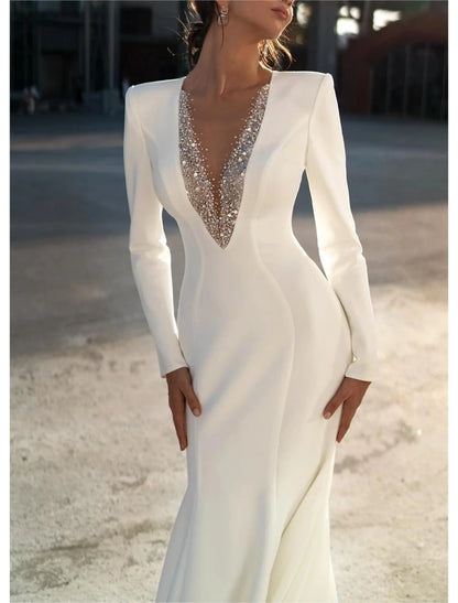 Formal Wedding Dresses Mermaid / Trumpet V Neck Long Sleeve Sweep / Brush Train Chiffon Bridal Gowns