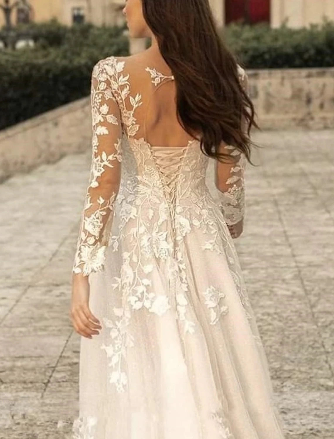 Beach Formal Wedding Dresses A-Line V Neck Long Sleeve Sweep / Brush Train Lace Bridal Gowns