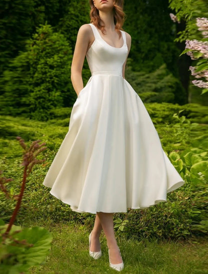 Hall Little White Dresses Wedding Dresses A-Line Scoop Neck Sleeveless Tea Length Satin Bridal Gowns