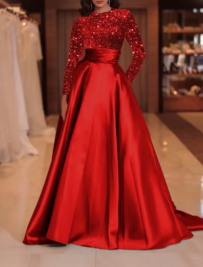 A-Line Evening Gown Sparkle Red Green Dress Formal Cocktail Party Court Train Long Sleeve High Neck Fall Wedding Guest Satin