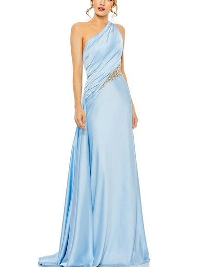 A-Line Evening Gown Elegant Dress Formal Floor Length Sleeveless One Shoulder Satin