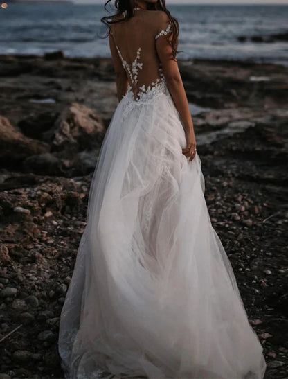 Beach Open Back Boho Wedding Dresses A-Line Off Shoulder Cap Sleeve Court Train Lace Bridal Gowns