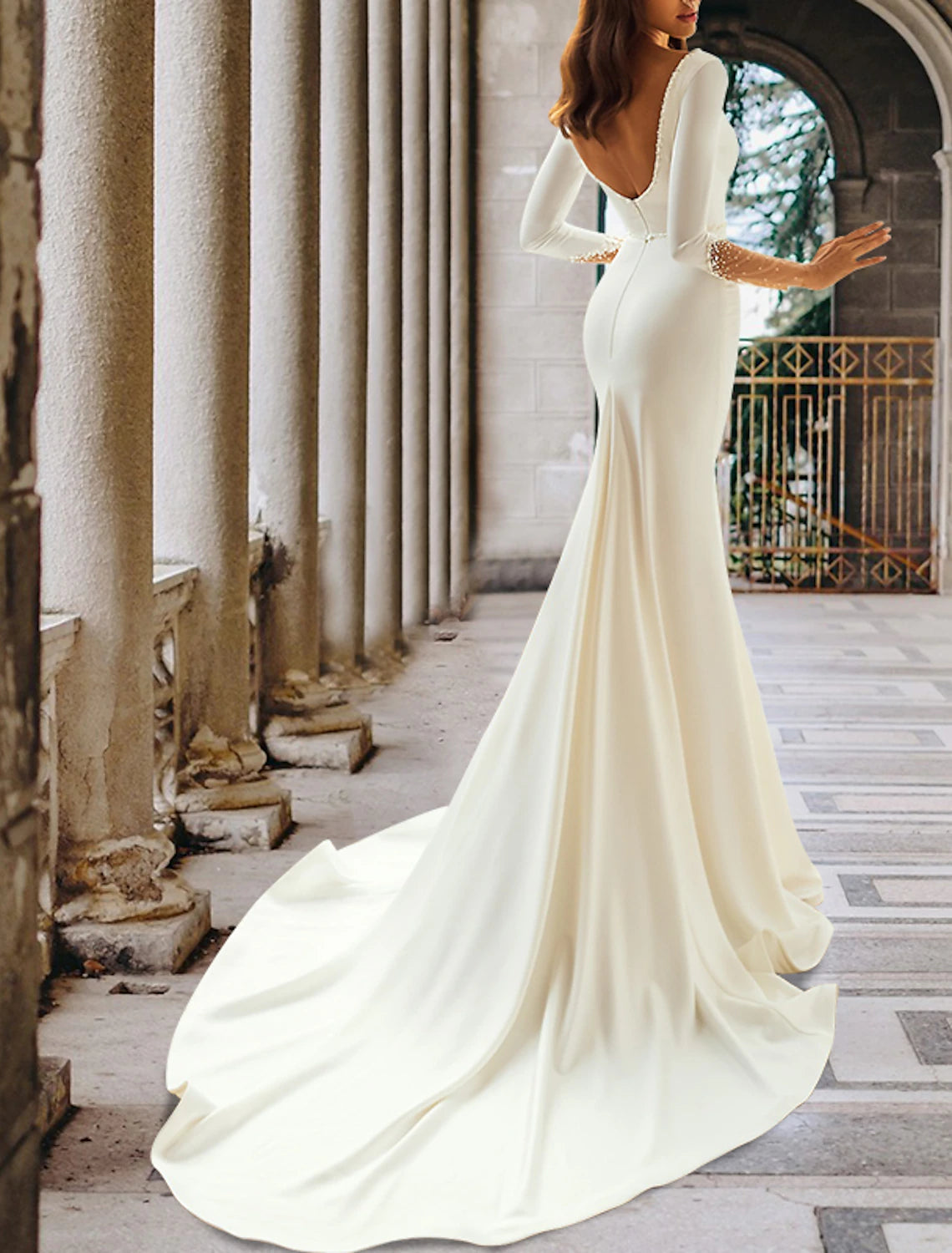 Formal Wedding Dresses Mermaid / Trumpet V Neck Long Sleeve Court Train Satin Bridal Gowns