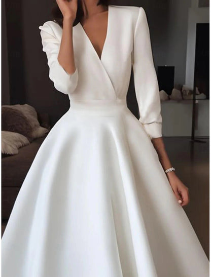 Simple Wedding Dresses Little White Dress A-Line V Neck Half Sleeve Tea Length Satin Bridal Gowns