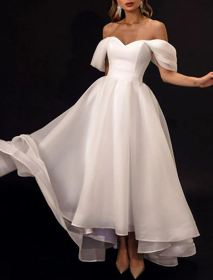 Reception Little White Dresses Wedding Dresses A-Line Off Shoulder Cap Sleeve Asymmetrical Organza Bridal Gowns