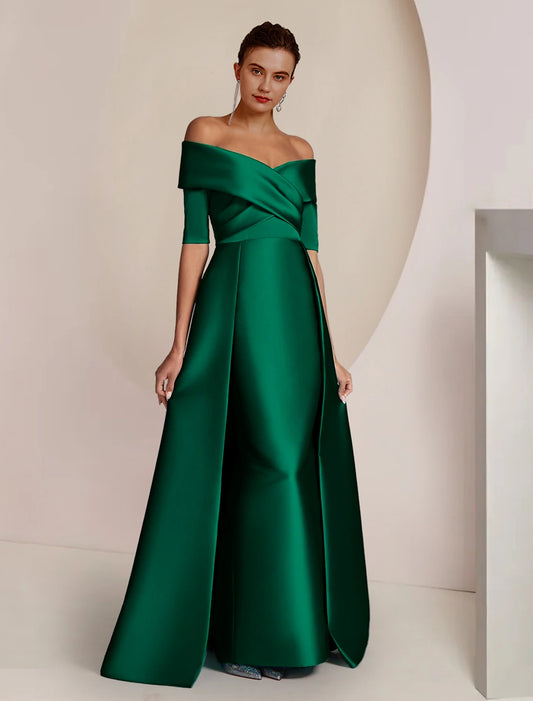 Sheath / Column Mother of the Bride Dress Formal Wedding Guest Elegant Party Off Shoulder Floor Length Satin Half Sleeve