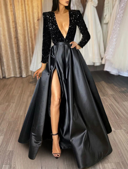 A-Line Evening Gown Red Green Dress Formal Black Dress Plus Size Wedding Court Train Half Sleeve V Neck Satin