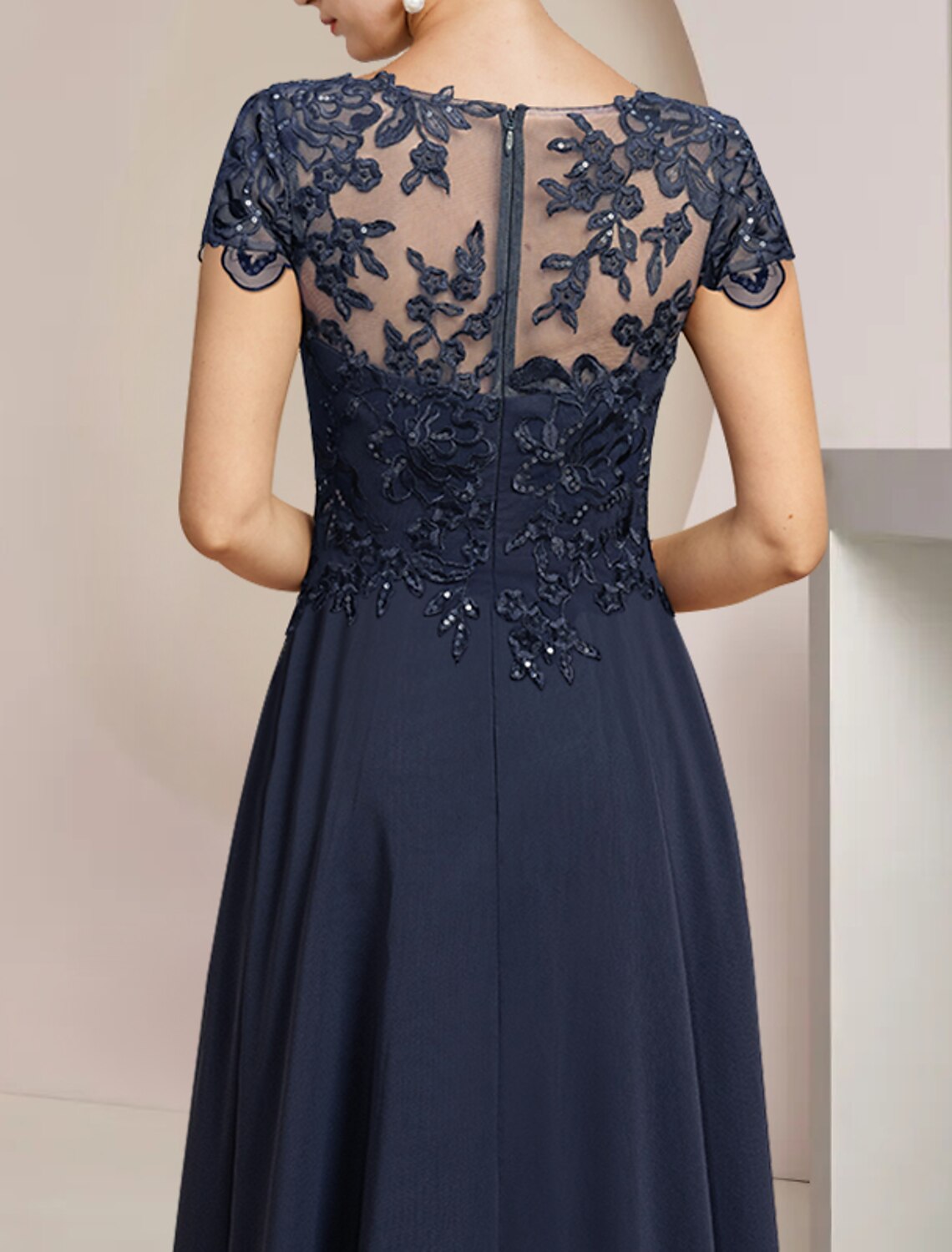 Weitese A-Line Mother of the Bride Dress Formal Wedding Guest Elegant High Low Scoop Neck Asymmetrical Tea Length Chiffon Lace Short Sleeve with Sequin Appliques