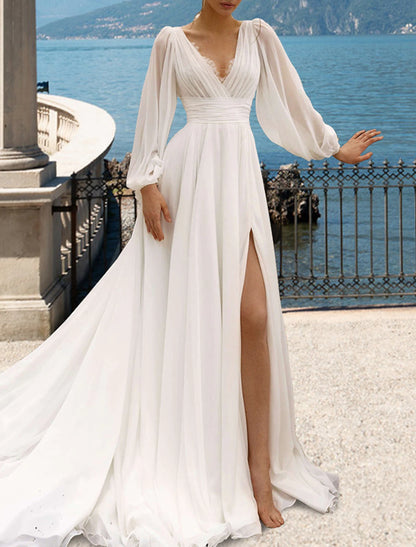 Beach Sexy Wedding Dresses A-Line V Neck Long Sleeve Court Train Chiffon Bridal Gowns