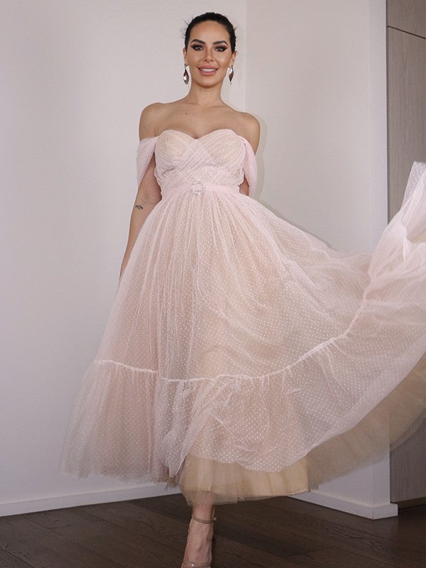 Weitese A-Line/Princess Lace Ruched Off-the-Shoulder Sleeveless Tea-Length Homecoming Dresses