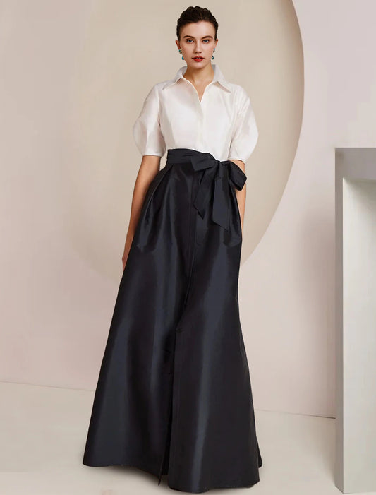 Weitese A-Line Mother of the Bride Dress Formal Wedding Guest Party Elegant Shirt Collar Floor Length Taffeta Short Sleeve with Bow(s) Color Block