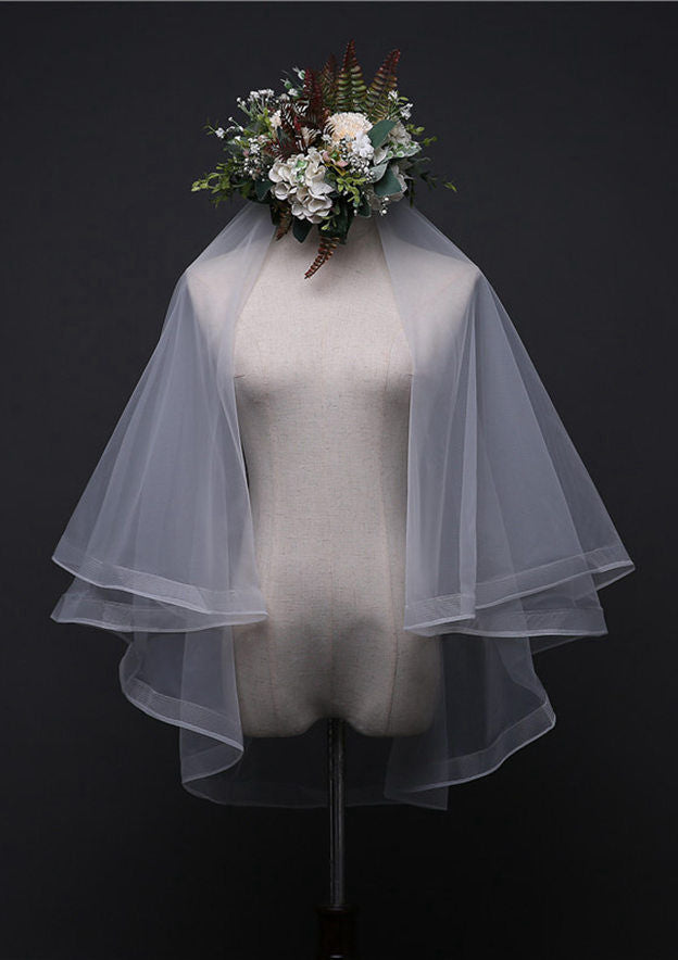 Two-tier Fingertip Bridal Veils With Ribbon