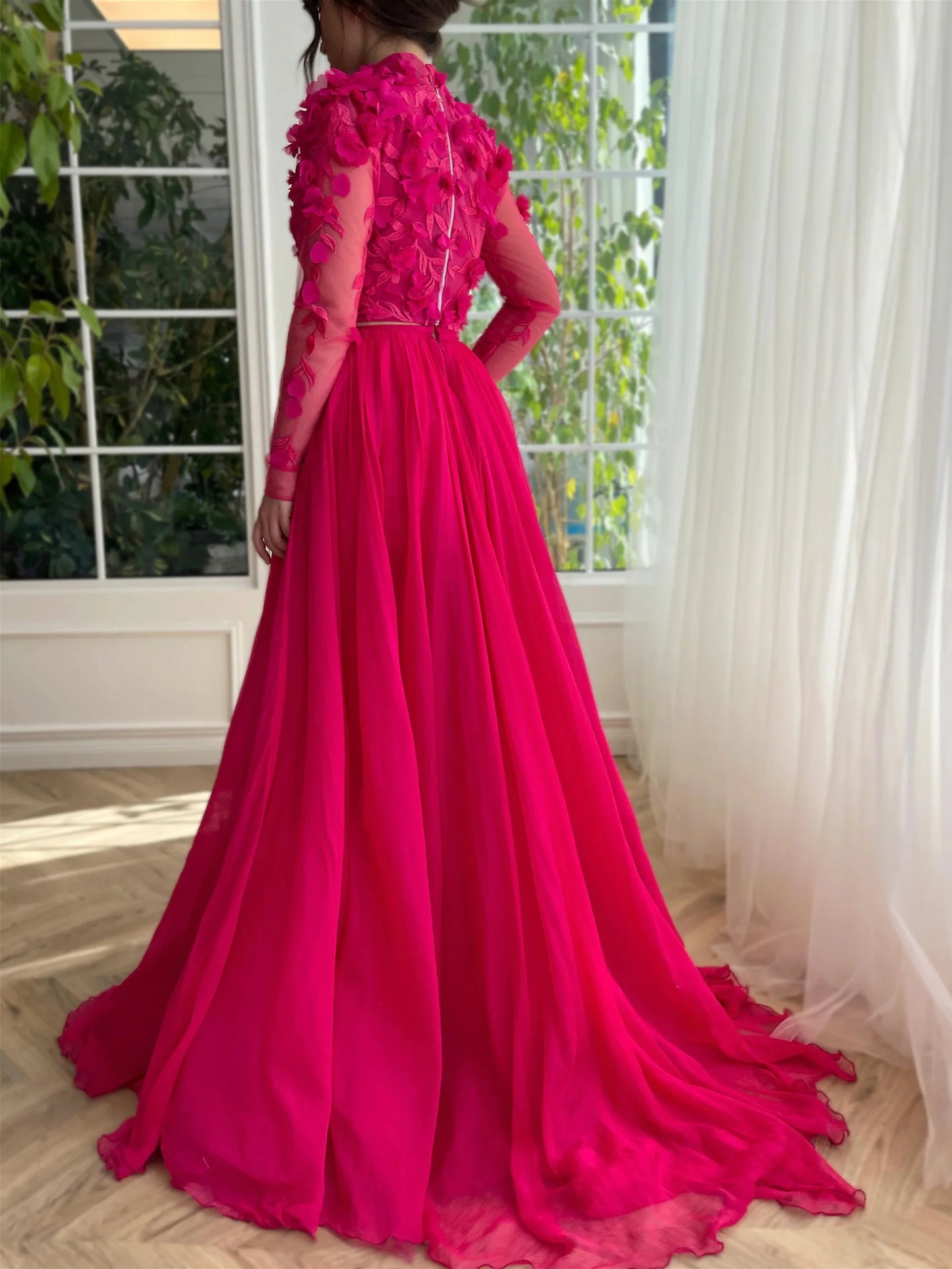 A-Line High Neck Long Prom Dresses With Split Side