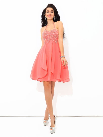 Weitese A-Line/Princess Halter Beading Sleeveless Short Chiffon Cocktail Dresses